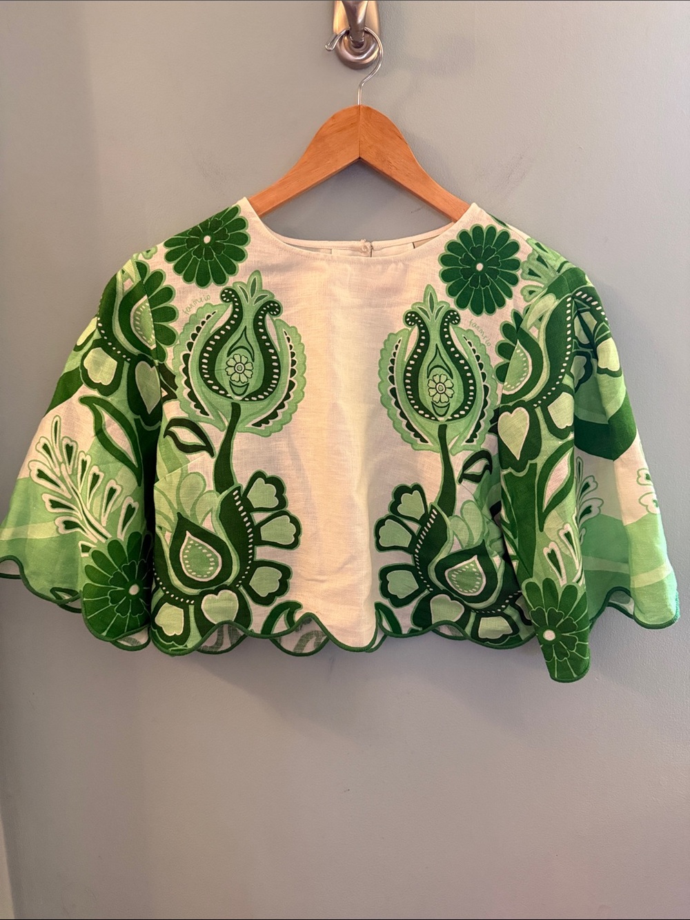 FARM Rio White Top with Green Floral Accents - Size S - NWT